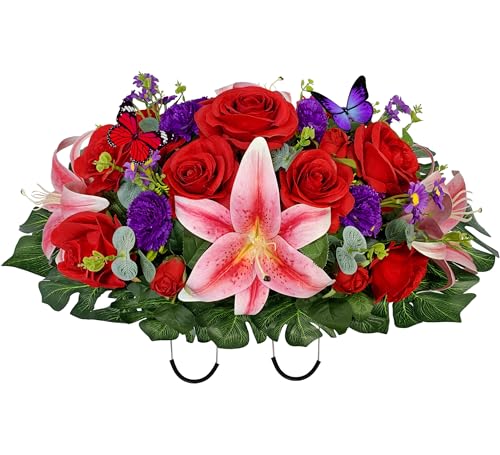 Artificial Cemetery Flowers - Headstone Flower Saddle - Outdoor Grave Decorations - Realistic Red Roses Pink Lily Purple Mum with 2 Lovely Butterflies