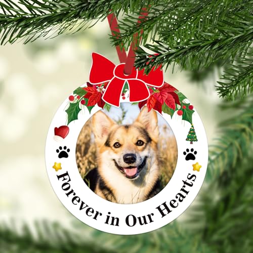 JUESMOS Dog Picture Frame Memorial Christmas Ornaments 2025 Dog Memorial Photo Ornaments for Christmas Tree Forever in Our Hearts Remembrance Gifts Sypathy Gifts for Loss of Dogs Pet Cat
