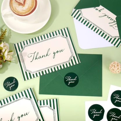 Whaline 24Pcs Dark Green Striped Thank You Cards Christmas Blank Note Cards with Envelopes Stickers Minimalist Stripe Greeting Card for Wedding Birthday Winter New Year, 4 x 6 Inch - color: Christmas Green