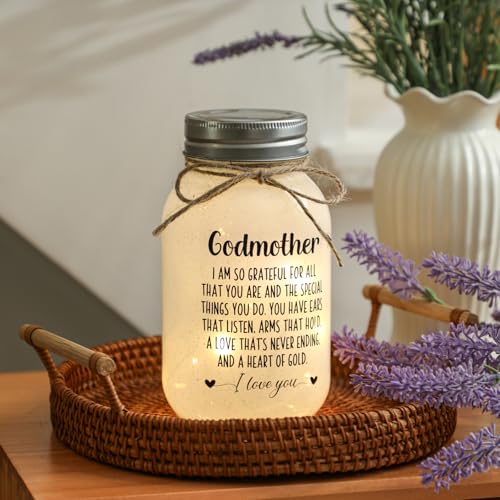 Maracco Godmother Gifts from Godchild, Proposal Godmother Birthday Gift, Mason Jar with 10 Warm Lights, Best Gifts for Godparents, Mason Jar Lights for God Mommy (30oz) - color: Godmother