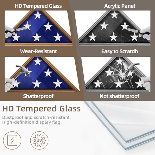 ASmileIndeep Flag Display Case - 5' x 9.5' Veteran Burial Flag Solid Wood Shadow Box with HD Tempered Glass & Wall Mount, Folded Triangle Flag Frame for Funeral, Light Oak - size: For 5' x 9.5' Flag-Oak