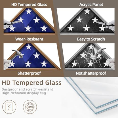 ASmileIndeep Flag Display Case - 5' x 9.5' Veteran Burial Flag Solid Wood Shadow Box with HD Tempered Glass & Wall Mount, Folded Triangle Flag Frame for Funeral, Light Oak - size: For 5' x 9.5' Flag-Oak