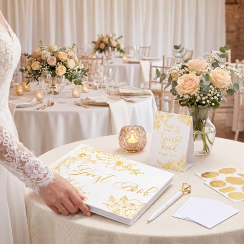 Wedding Guest Book with Pen and Table Sign, 7x9 Inch Photo Guestbook with 88 Lined Pages, Personalized Guestbook Photo Album Sign in Book for Reception Bridal Shower Wedding Birthday Party(Gold Foil) - style: Gold Foil