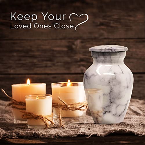 Set of 4 Elegant Marble Style Keepsake Urns – Metal Little Mini Urn for Human Ashes – Secure Screw Top – Small Personal Size – Carrara White Finish - color: 4 Carrara White