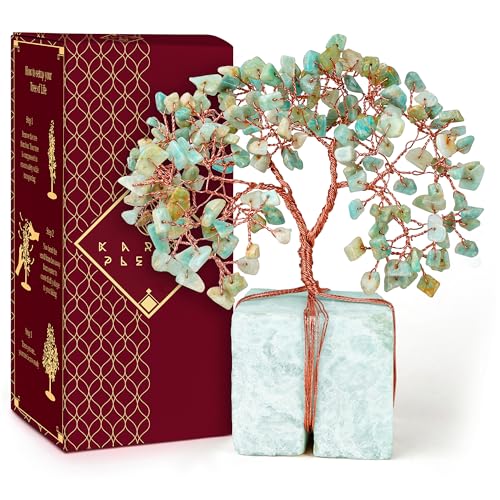 KARMAPLEDGE Chakra Tree of Life for Unique Gifts for Mom, Dad, Home and Office Decor, Handmade Amazonite Healing Crystal Tree for Positivity, Money & Good Luck, Birthday Gifts for Women,Mens - color: 57 Amazonite Crystal Base