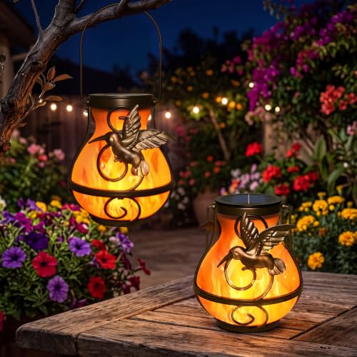 2 Pack Solar Lanterns Outdoor Waterproof, Plastic Flickering Flame Lights with Hummingbird Design, Hanging Solar Lantern for Patio, Porch & Garden Decoration, Gifts for Women, Mom - color: Plastic brown-2 Pack