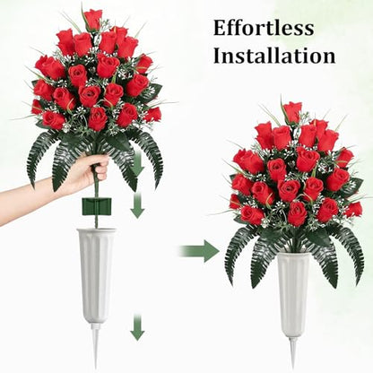 Lewondr Artificial Cemetery Flowers with Vase for Grave, Red Roses, 2 Pack - color: Red