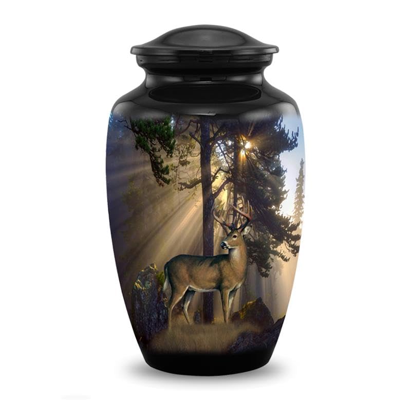 Gone Hunting Deer Cremation Urn with Sunrays – Majestic Buck Memorial Urn for Human Ashes – Handcrafted Full Size Adult Funeral Urn up to 200 lbs with Velvet Bag (Large) - size: Adult
