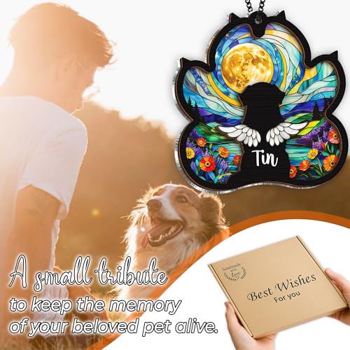 Personalized Angel Dog Memorial Suncatcher, Paw Suncatcher Remembrance Gift, Engraved Pet Memorial Ornament, Pet Sympathy Keychain, Loss of Animal Sympathy Card, Rainbow Bridge Dog Loss Gift - color: 01. Custom #1