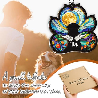 Personalized Angel Dog Memorial Suncatcher, Paw Suncatcher Remembrance Gift, Engraved Pet Memorial Ornament, Pet Sympathy Keychain, Loss of Animal Sympathy Card, Rainbow Bridge Dog Loss Gift - color: 01. Custom #1
