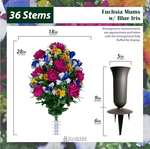 Sympathy Silks - Artificial Flowers for Cemeteries - Fuchsia Mums with Blue Iris - (1) Headstone Saddle (2) Bouquets (2) Vases - size: (1) Saddle (2) Bouquets (2) Vases