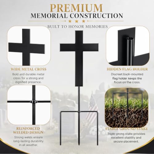16 Inch Cross American Veteran Grave Marker, American Flag Holder | Metal Black Cross with Ground Stake, American Flag Hole Ready, Patriotic Graveside Tribute, 4th of July Memorial Display - style: Cross
