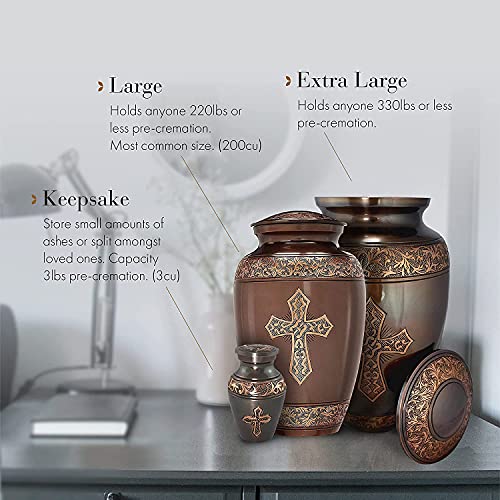 Bronze Cross Keepsake Urns for Human Ashes with Velvet Gift Box for Cremation Keepsakes for Ashes - Small Cremation Urn and Small Keepsake Urn Set of 4 - color: Brushed Bronze Cross