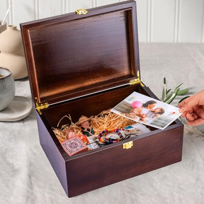 Larger Wooden Wedding Memory Keepsake Boxes With Hinged Lids and a photo frame inside the lid Bridal Shower Gifts - Engagement Gifts for Couples Newlyweds Mr Mrs Couple Bride Gift - 5.3“*8.6”*11.7“ - color: Brown