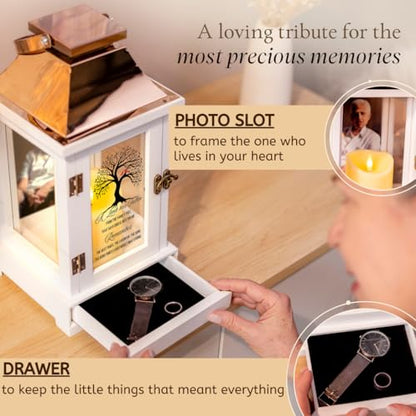 Memorial Lantern with Photo Frame & Keepsake Drawer | Sympathy Gifts for Loss of Loved One, Mom, Dad, Husband, Father | Bereavement Memorial Gifts | LED Candle with Timer | Grief Gifts by STILLWIND - color: Family Tree / Copper