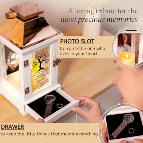 Memorial Lantern with Photo Frame & Keepsake Drawer | Sympathy Gifts for Loss of Loved One, Mom, Dad, Husband, Father | Bereavement Memorial Gifts | LED Candle with Timer | Grief Gifts by STILLWIND - color: Family Tree / Copper