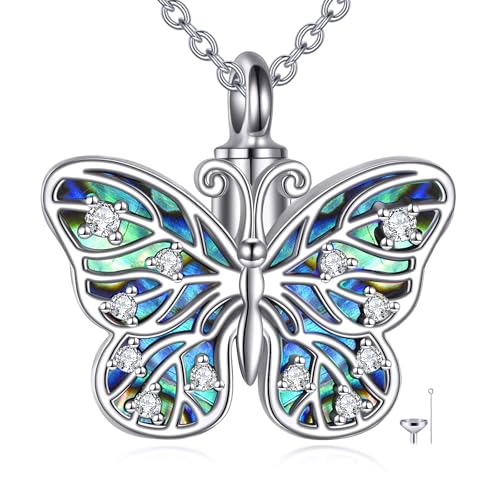Butterfly/Dragonfly/Pet Paw/Tree of Life/Maple Leaf/Cross Urn Necklace for Ashes 925 Sterling Silver Cremation Pendant Jewelry Gifts for Women Mom - color: Butterfly
