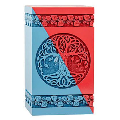 Wooden Cremation Urn for Human Ashes, 640 Cu in, XX-Large, Blue & Red | Hand-carved wood, blue and red, screw-locked sliding base, engraving available, holds two adults, to 640 lb combined - color: Blue & Red, size: XL - 14Hx7.5W (640 Cu/In)