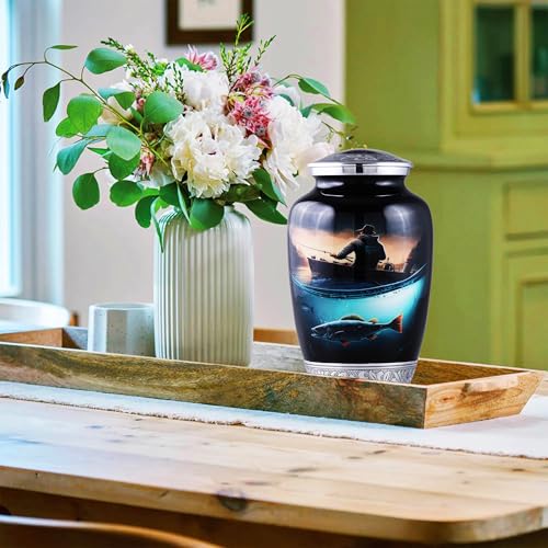 Large Fishing Cremation Urn for Human Ashes Adult – Handmade Funeral Urn for Men & Women, 200 Cubic Inch Memorial Urn, Decorative Burial Urn with Velvet Bag for Loved One.
