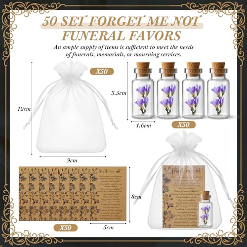50 Set Funeral Favors, Mini Glass Bottles with Forget-me-not Dried Flowers, Sympathy Cards and Gift Bags, Memorial Gift Set for Guest Remembrance Keepsakes Celebration of Life Favors