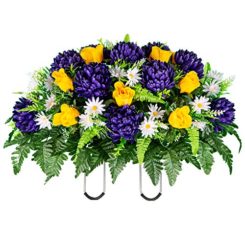 Artificial Cemetery Flowers – Realistic Vibrant Roses, Outdoor Grave Decorations - Non-Bleed Colors, and Easy Fit - 1 Purple Mum and Yellow Rose Saddle for Headstone - color: Purple Yellow, size: 1 Saddle