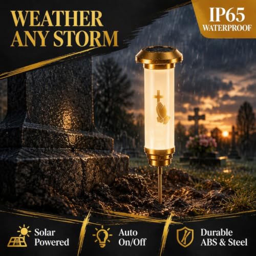 Praying Hands Solar Cross for Cemetery Grave, White & Gold Anodized Aluminum IP65 Waterproof Memorial Light with Ground Stake, Christian Cemetery Decor for Headstone