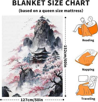 Japanese Ink Painting Throw Blanket, Flannel Blankets for Couch 50"×60" - color: Japanese Ink Painting