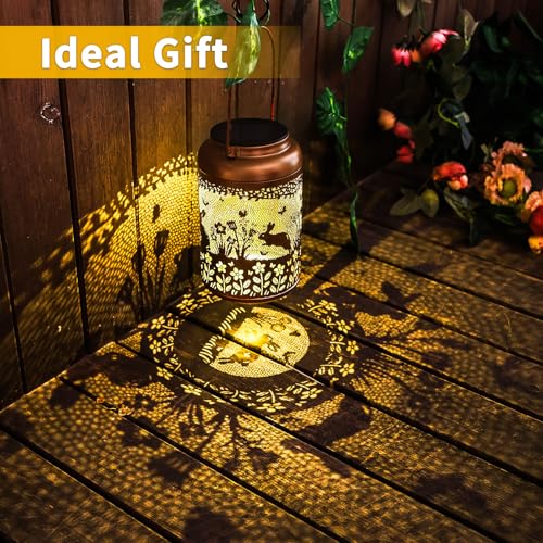 Fathers Day Gifts Rabbit Solar Lanterns Outdoor Waterproof,Hanging Bunny Solar Lights Metal Decoration Outside for Yard,Patio,Porch, Pathway, Lawn Garden Decor Lantern Gifts for Women Mom - style: C.Rabbit
