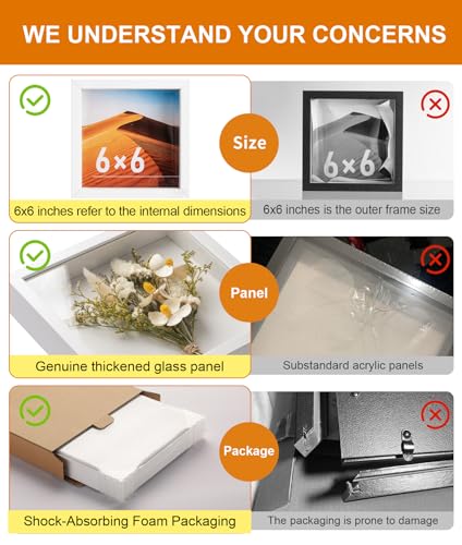 6x6 Small Shadow Box Frame with Ultra-Clear Glass & Soft Linen Back | With Push Pins and Stand, Deep 1.2" White Shadow Box Display Case – Display on Tabletop or Wall for Photo, Flower, Keepsakes - color: White+high Definition Panel + Shatter-proof Packagi