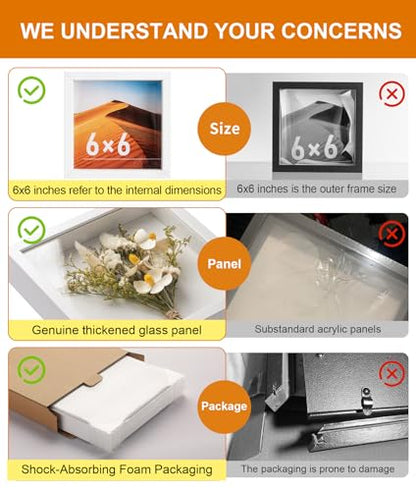 6x6 Small Shadow Box Frame with Ultra-Clear Glass & Soft Linen Back | With Push Pins and Stand, Deep 1.2" White Shadow Box Display Case – Display on Tabletop or Wall for Photo, Flower, Keepsakes - color: White+high Definition Panel + Shatter-proof Packagi