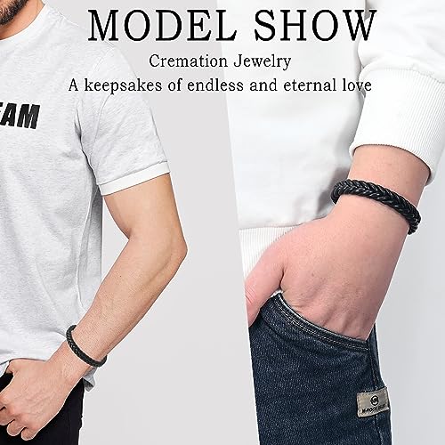 Cremation Jewelry Urn Bracelet for Ashes Men's Braided Genuine Leather Stainless Steel Memorial Cuff Bangle Braided Wristband Bracelet Keepsake Jewelry for Loved Ones with Fill Tool - color: C-Black 22cm/8.66"