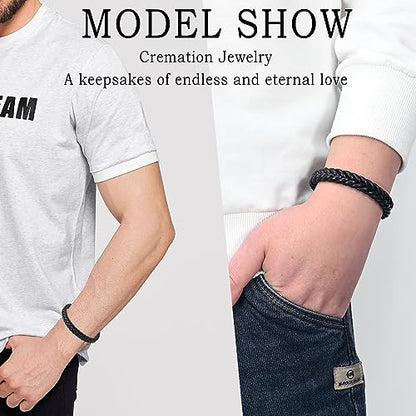 Cremation Jewelry Urn Bracelet for Ashes Men's Braided Genuine Leather Stainless Steel Memorial Cuff Bangle Braided Wristband Bracelet Keepsake Jewelry for Loved Ones with Fill Tool - color: C-Black 22cm/8.66"