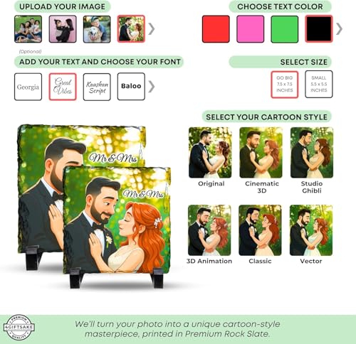 Personalized Cartoon Photo Rock Slate - Square Shape | Transform Your Photos into Art, Unique Personalized Gift, Premium Handcrafted Stone Frame, Celebrate Every Relationship - color: Cartoon-Square-Slate