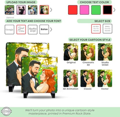 Personalized Cartoon Photo Rock Slate - Square Shape | Transform Your Photos into Art, Unique Personalized Gift, Premium Handcrafted Stone Frame, Celebrate Every Relationship - color: Cartoon-Square-Slate