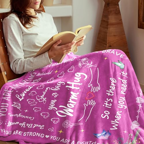 Warm Hug Get Well Birthday Gift for Women Throw Blanket 52'' x 60'' | You're Loved Mental Breakdown Recovery Gift with Inspirational sayings for Her,Grandma,Patients - color: Purple Pink Warm Hug