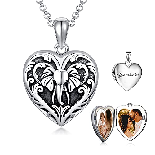SOULMEET Personalized Silver Locket Necklace That Holds Pictures Photo Keep Someone Near to You, Memorial Custom Lockets Necklaces Letters Engraving for His Her - color: P-Elephant-Black, style: Locket+Custom Photo+Engraved