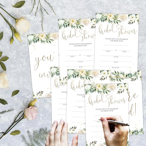 Bridal Shower Invitations, 25 Creamy Rose Invites with Envelopes for Bridal Shower Reception Engagement Party, Greenery Gold Wedding Party Cards - B15 - style: Greenery Gold