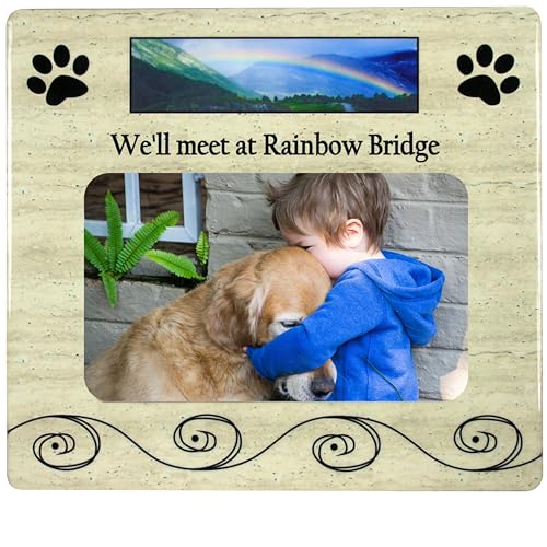 Pet Memorial Picture Frame for Dogs or Cats, “We’ll Meet at Rainbow Bridge” Sympathy Gift, Holds 4x6 Horizontal Photo, 8 x 7.25 Inch Bereavement Frame for Loss of Dog, Cat, Puppy or Kitty