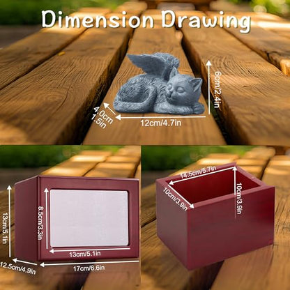 Cat Urn for Ashes, Wooden Keepsake for Ashes with Photo Frame | Cherry Red Cremation Box with Resin Angel Statue and Sealed Storage Bags (60lbs)