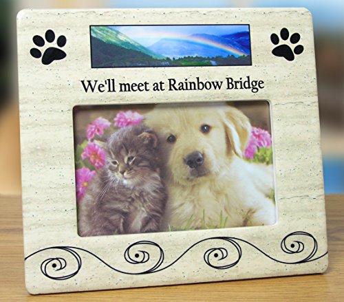 Pet Memorial Picture Frame for Dogs or Cats, “We’ll Meet at Rainbow Bridge” Sympathy Gift, Holds 4x6 Horizontal Photo, 8 x 7.25 Inch Bereavement Frame for Loss of Dog, Cat, Puppy or Kitty