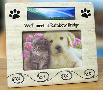 Pet Memorial Picture Frame for Dogs or Cats, “We’ll Meet at Rainbow Bridge” Sympathy Gift, Holds 4x6 Horizontal Photo, 8 x 7.25 Inch Bereavement Frame for Loss of Dog, Cat, Puppy or Kitty