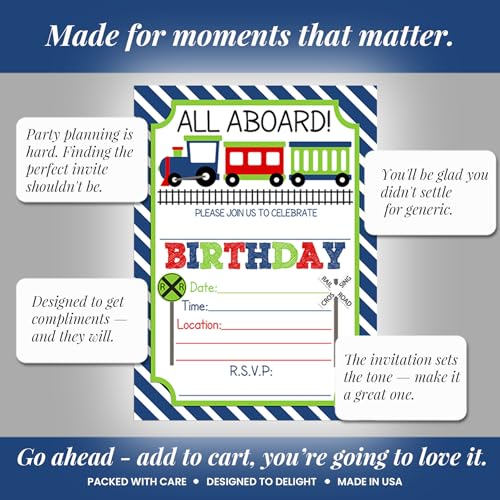 Train Birthday Party Invitations for Boys, 20 5x7 Fill In Cards with Twenty White Envelopes by AmandaCreation - style: Train