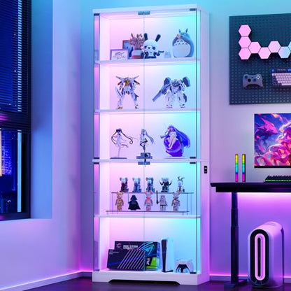 Dystler Glass Display Cabinet with Doors and RGB LED Lights | 69" Tall Curio Cabinet, 5-Tier Wooden Shelves, Lockable Display Case, Motion Sensor, for Collectibles, Living Room, White - color: White