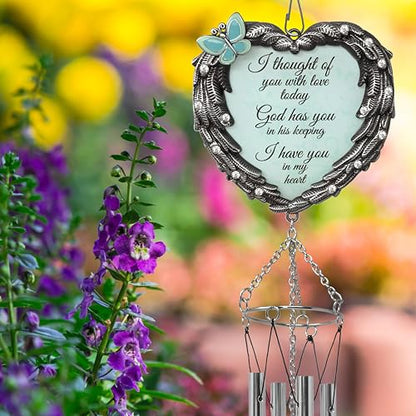 Memorial Wind Chimes Sympathy Gift for Loss of Loved One, Heart Angel Wings & Butterfly Design, “I Thought of You with Love Today” Remembrance Wind Chime, Bereavement Gift for Family or Friends, 23"