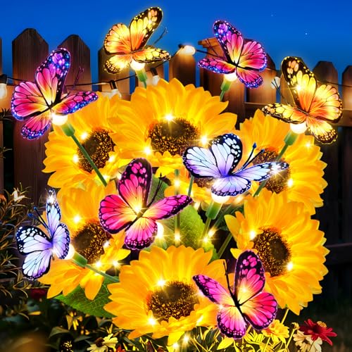 Solar Sunflower Lights with Butterflies, Bright Garden Light Outdoor Decor | Waterproof Lifelike Sunflower Blooms, Auto On/Off, Solar Flower Lights for Yards, Patios, Paths, Gifts for Women Mom Grandma - size: Butterfly Sunflower - 3PC