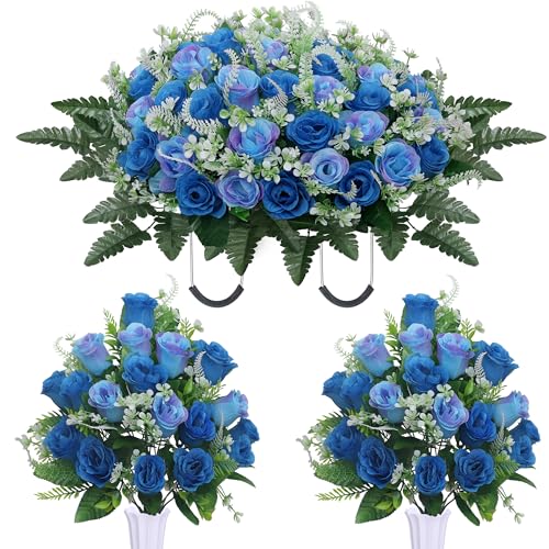 3pcs Headstone Flowers Saddle for Tombstone,Cemetery Flower Memorial Bouquet with Vase,Rose Headstone Flowers Saddle (Blue) - color: Blue