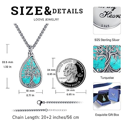 Urn Necklace for Ashes for Women/Men 925 Sterling Silver Cremation Jewelry w/Funnel Filler Memorial Jewelry Gifts - color: A-Tree of Life 3 (Turquoise), style: Customized