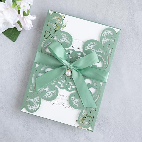 20Pcs Sage Green Laser Cut Wedding Invitation Cards With Envelopes - color: Sage Green