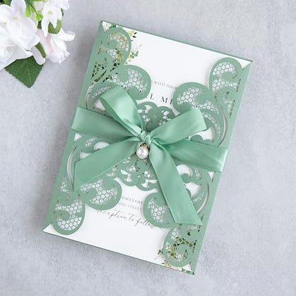 20Pcs Sage Green Laser Cut Wedding Invitation Cards With Envelopes - color: Sage Green