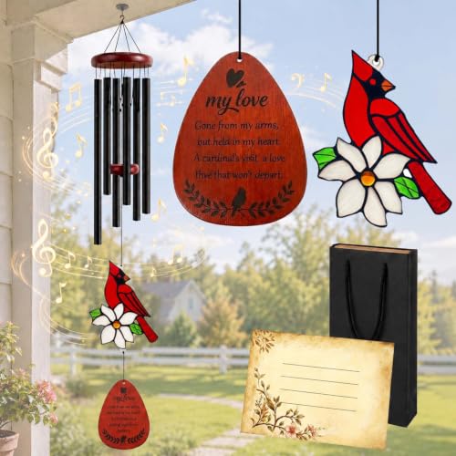 Cardinal Memorial Wind Chimes for Loss of Loved One, Lasting Sympathy Gift for Loss of Mother/Dad/Husband, Rustproof Aluminum for Outside Patio Porch Garden Decor